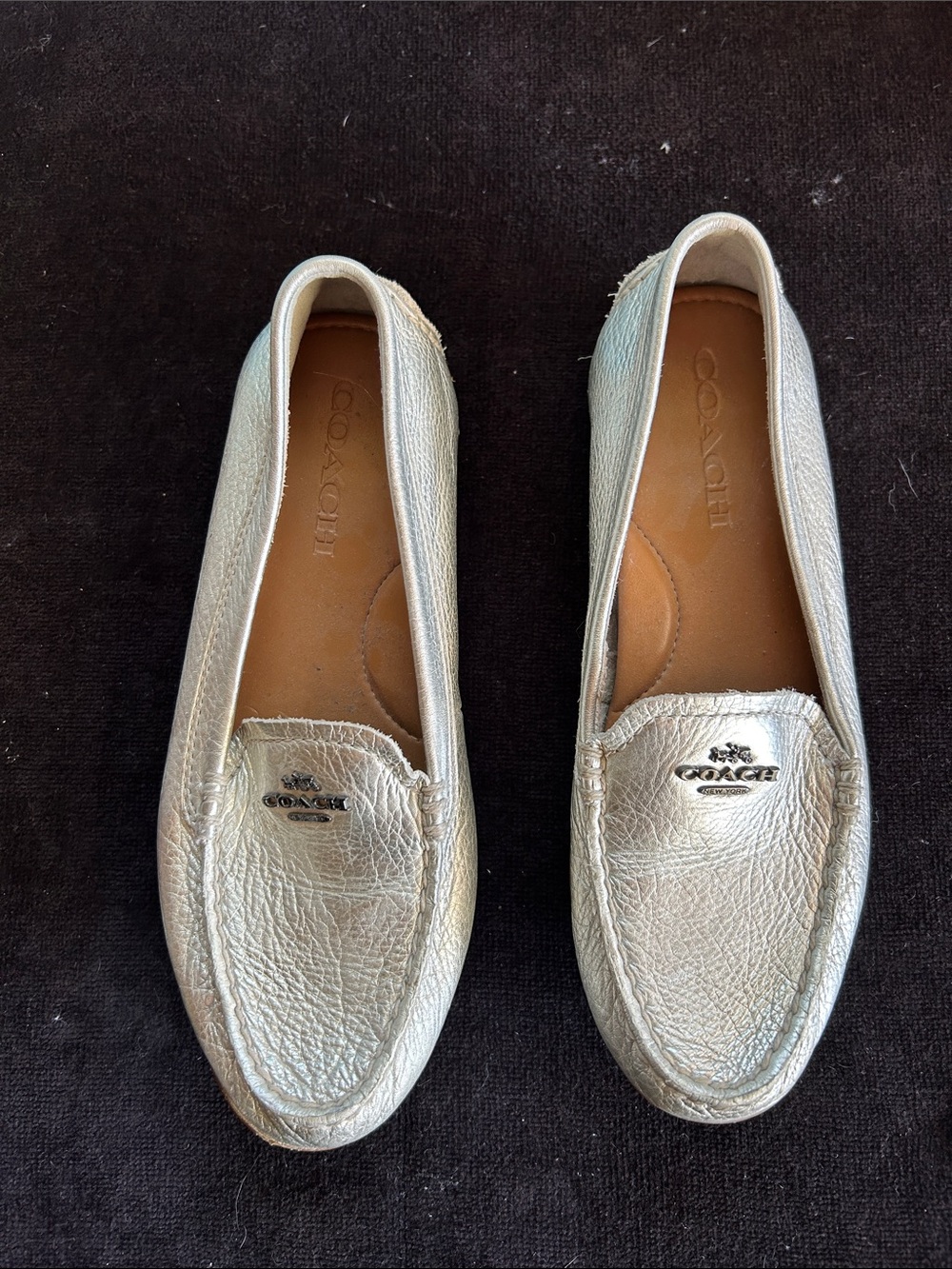 COACH Metallic Silver Pebbled Leather Slip-On Loafers